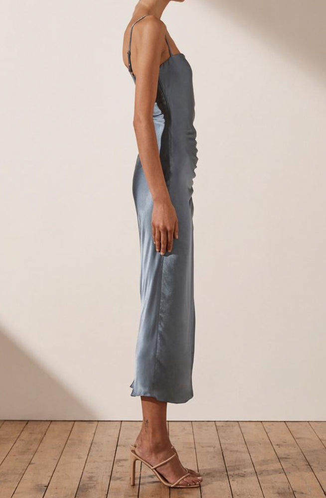 shona joy ruched bias midi dress Shona Joy Lily Bias Ruched Midi Dress in Blue Smoke