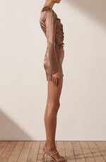 Lily Long Sleeve Ruched Mini Dress Clove by Shona Joy