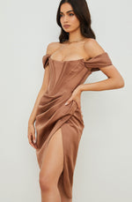 Loretta Toffee Satin Off Shoulder Dress by House of CB