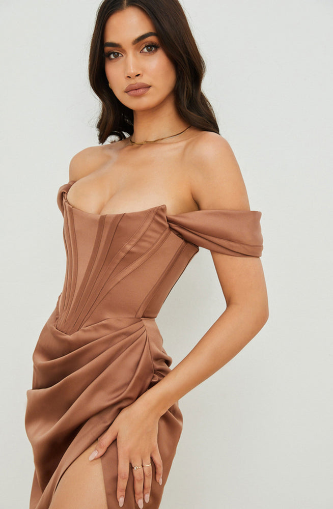 loretta off the shoulder satin corset dress Clothing : Bodycon Dresses : 'Loretta' Red Satin Off Shoulder Dress