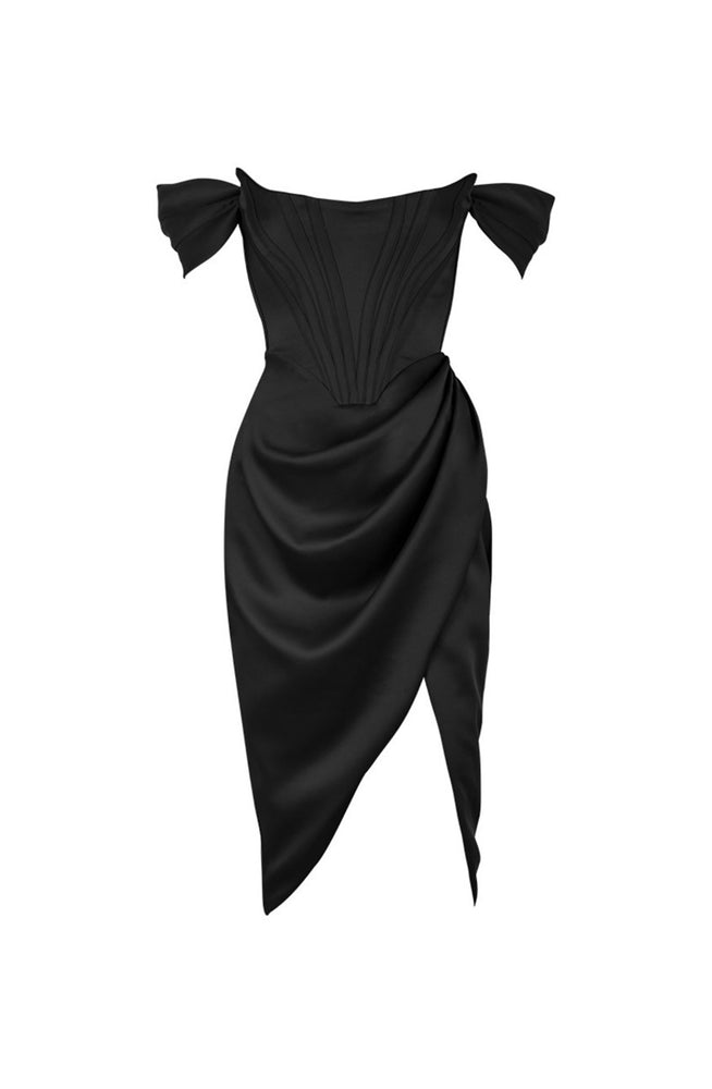 Loretta Black Satin Off Shoulder Dress by House of CB