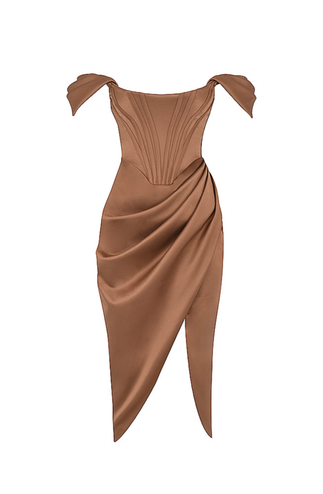 Loretta Toffee Satin Off Shoulder Dress by House of CB