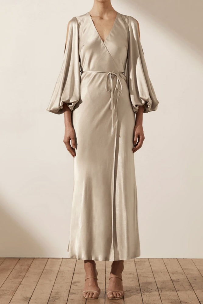 La Lune Full Sleeve Wrap Midi Gold By Shona Joy for SALE | High St. Hire La Lune Full Sleeve Wrap Midi Gold By Shona Joy for SALE | High St. Hire