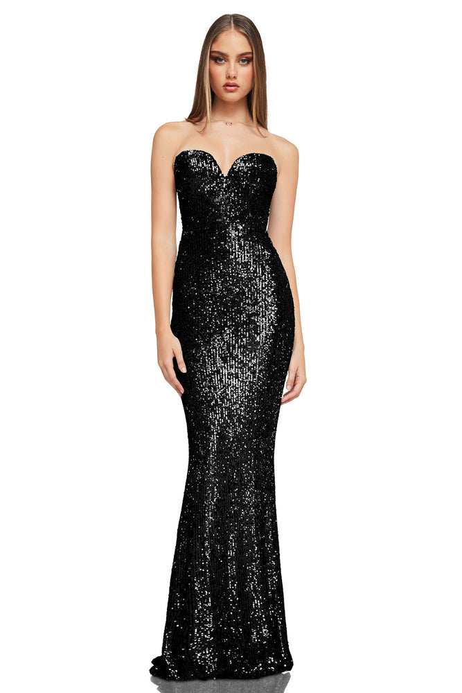 Confetti Black Gown by Nookie for SALE High St. Hire Confetti Black Gown by Nookie for SALE High St. Hire