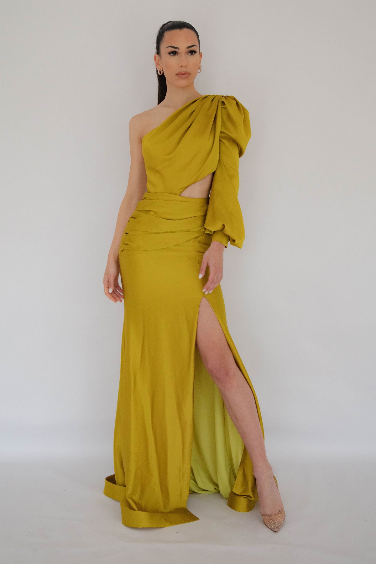 One shoulder mustard outlet dress