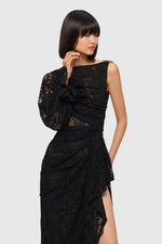 Nina Lace One Shoulder Draped Dress Ebony by Leo & Lin