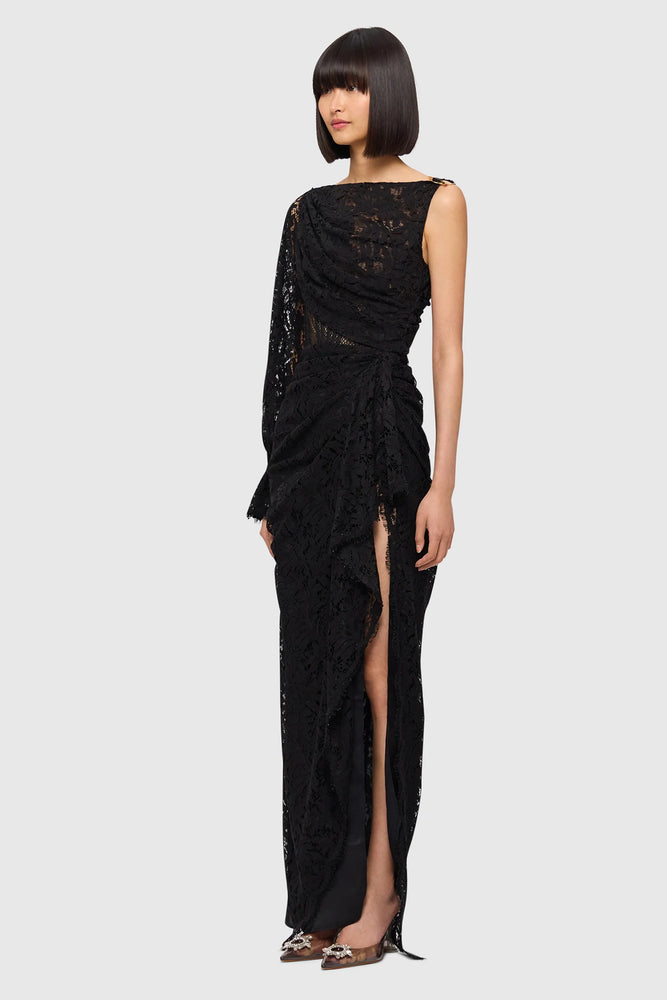 Nina Lace One Shoulder Draped Dress Ebony by Leo & Lin