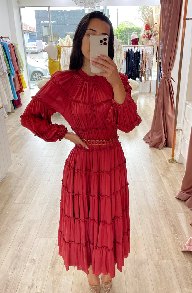 Zimmermann Silk Tiered Red Midi Dress | High St. Hire Zimmermann Silk Tiered Red Midi Dress | High St. Hire