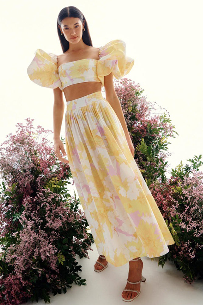 Simone Puff Top & Elina Pleated Midi Skirt Jasmine Print in Sun by Leo Lin