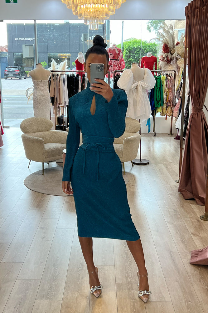 Stretch Reptile L-Sleeve Dress Teal by Scanlan Theodore
