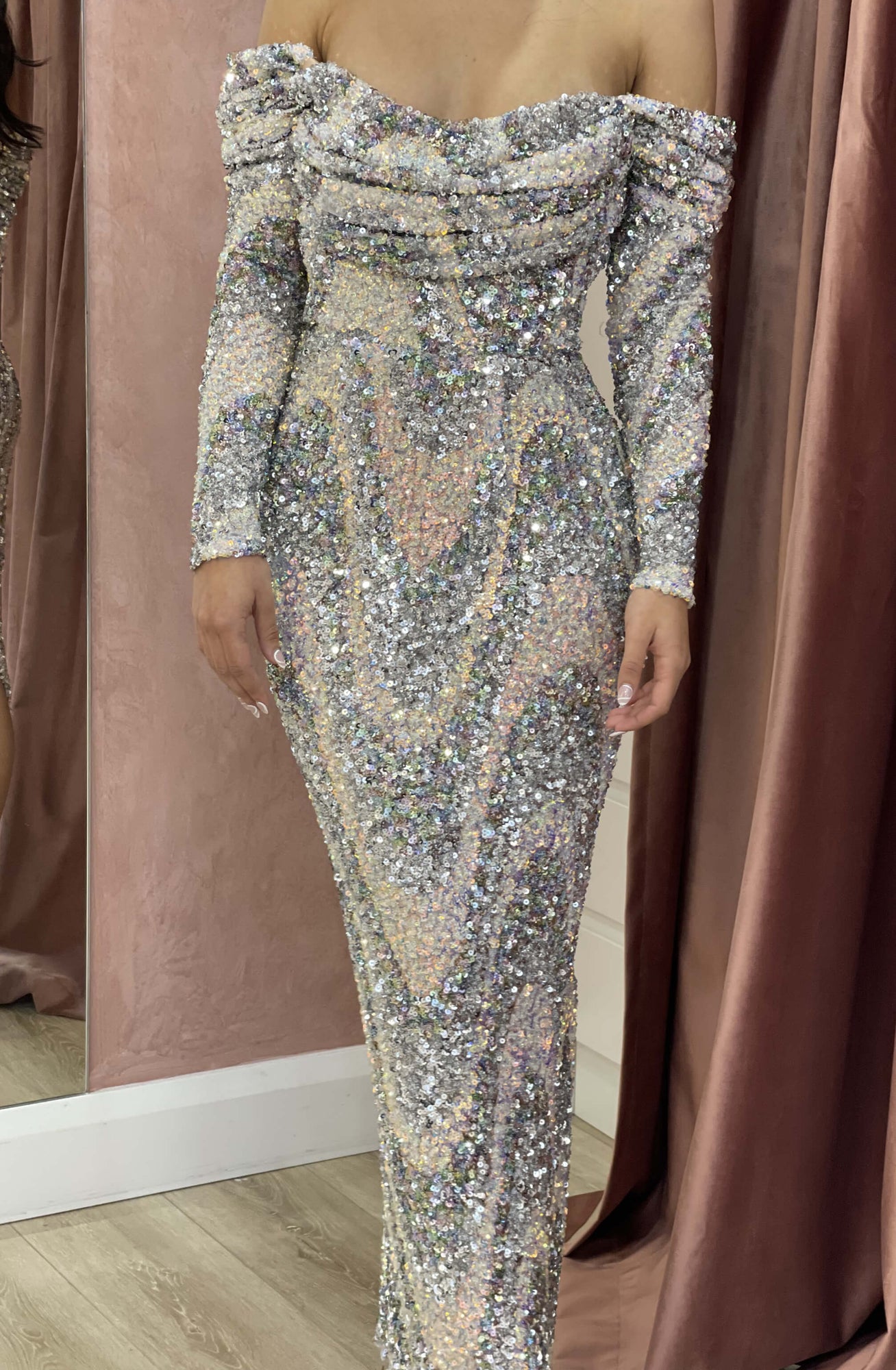 sequin dress hire Misha Sapphire Sequin Maxi Dress Fig