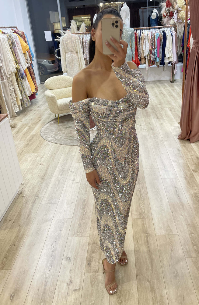 sequin dress hire Hire CALIA COLLECTION Leila Sequin Maxi Dress in Silver SUSTAINABLY. The Dress Hire