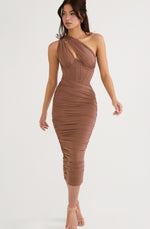 Valentina Mocha Asymmetric Cutout Midi by House of CB