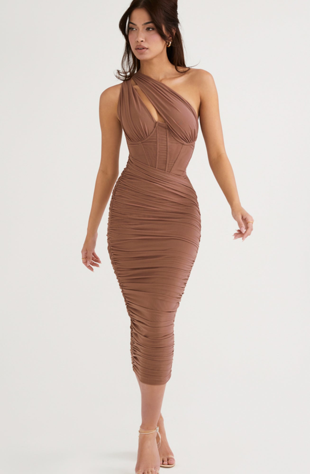 Valentina Mocha Asymmetric Cutout Midi by House of CB | High St. Hire Valentina Mocha Asymmetric Cutout Midi by House of CB | High St. Hire