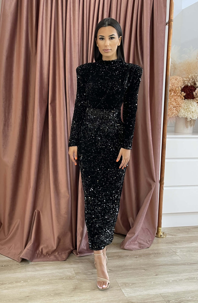 Vixen Sequin Midi Black by HSH for Hire | High St. Hire Vixen Sequin Midi Black by HSH for Hire | High St. Hire