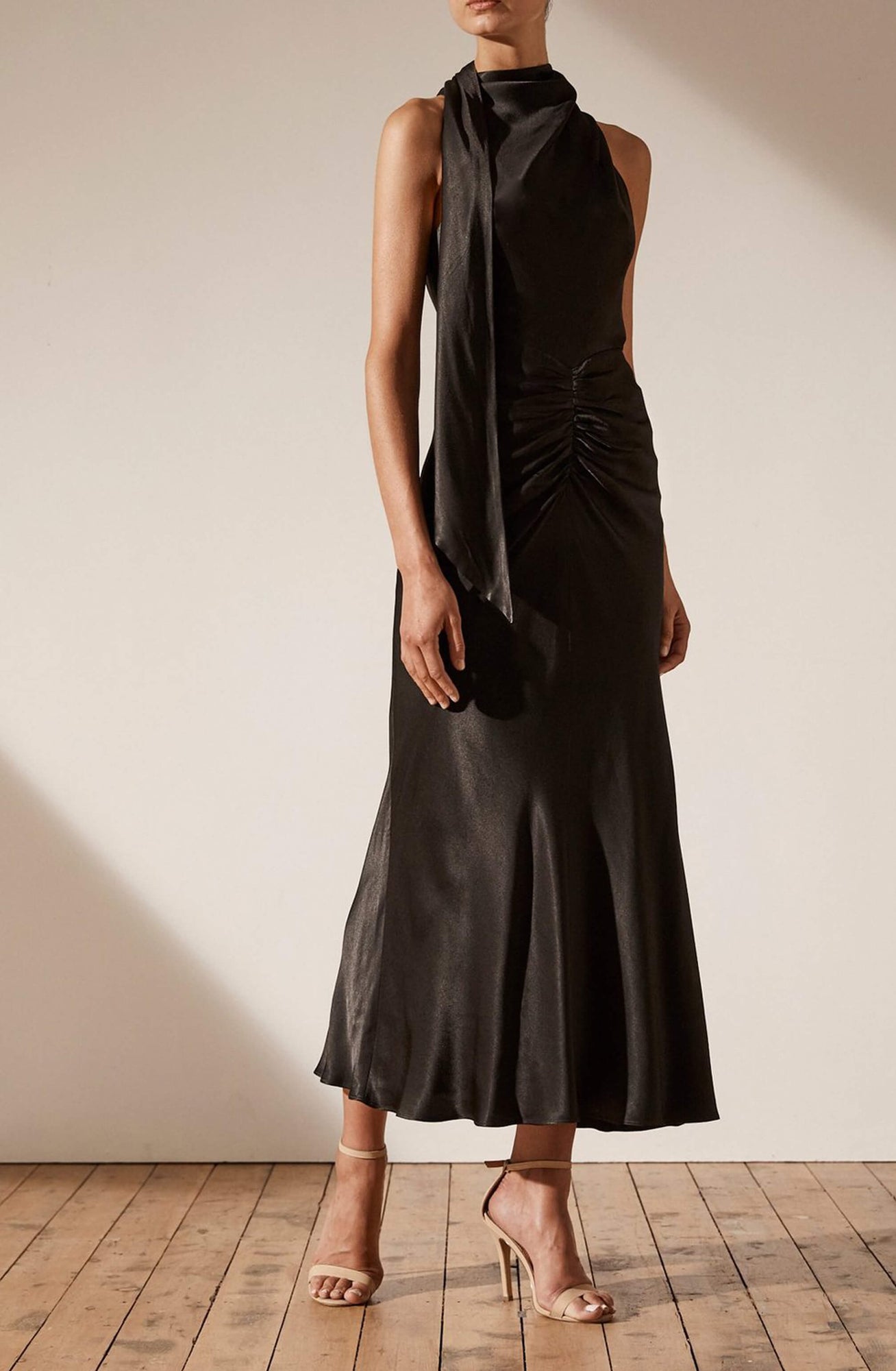 Wright Scarf Neck Midi Dress Black By Shona Joy High St. Hire Wright Scarf Neck Midi Dress Black By Shona Joy High St. Hire