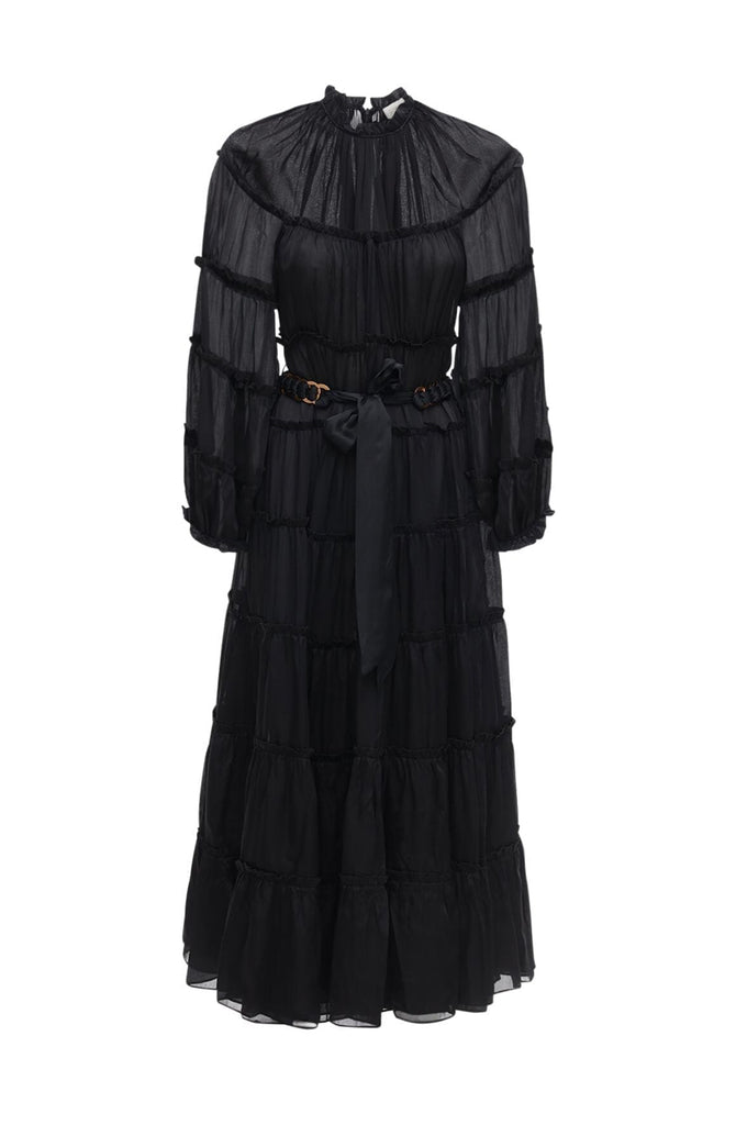 Zimmermann Silk Tiered Black Midi Dress | High St. Hire